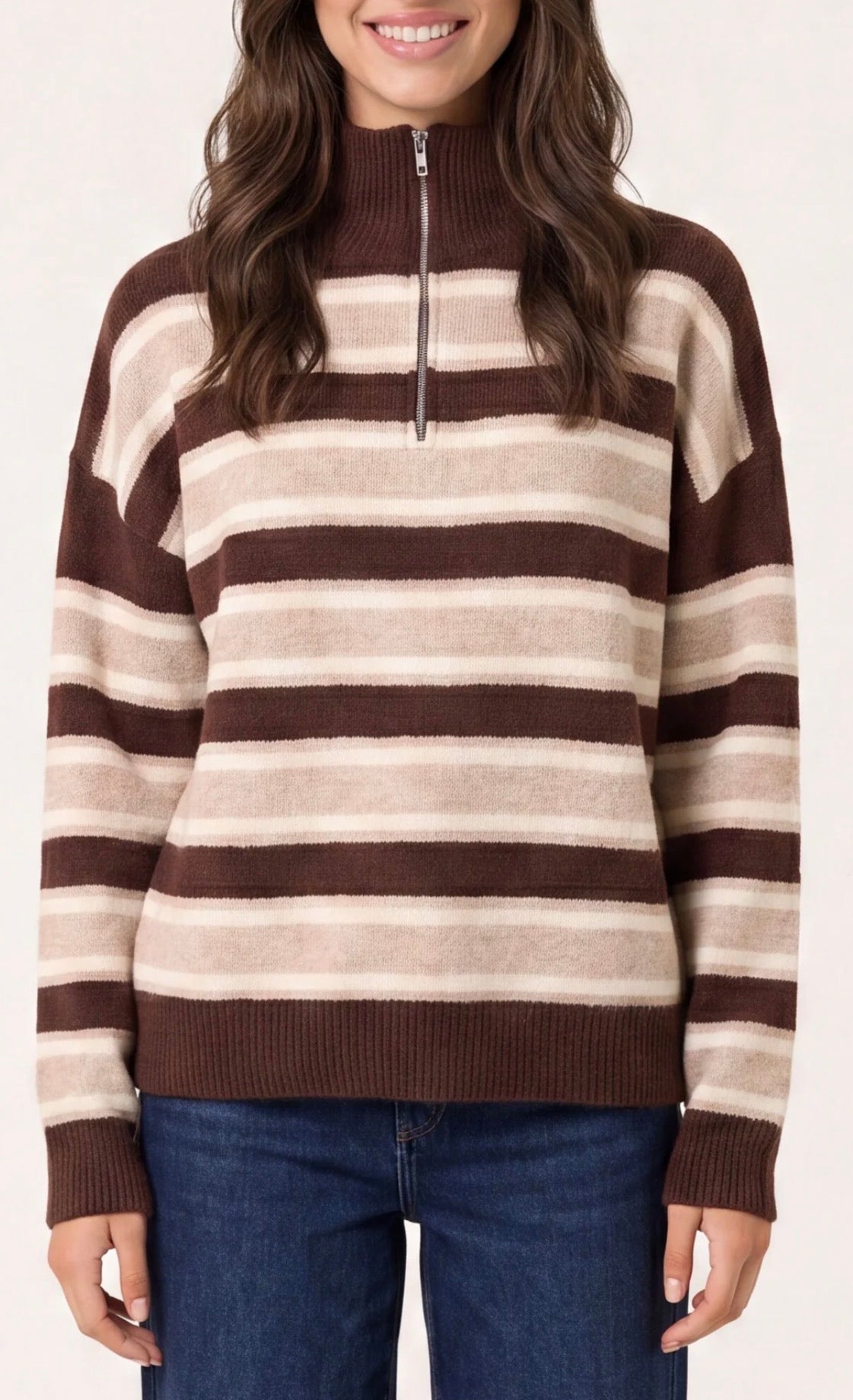 Brown and Beige Strip Zip Jumper