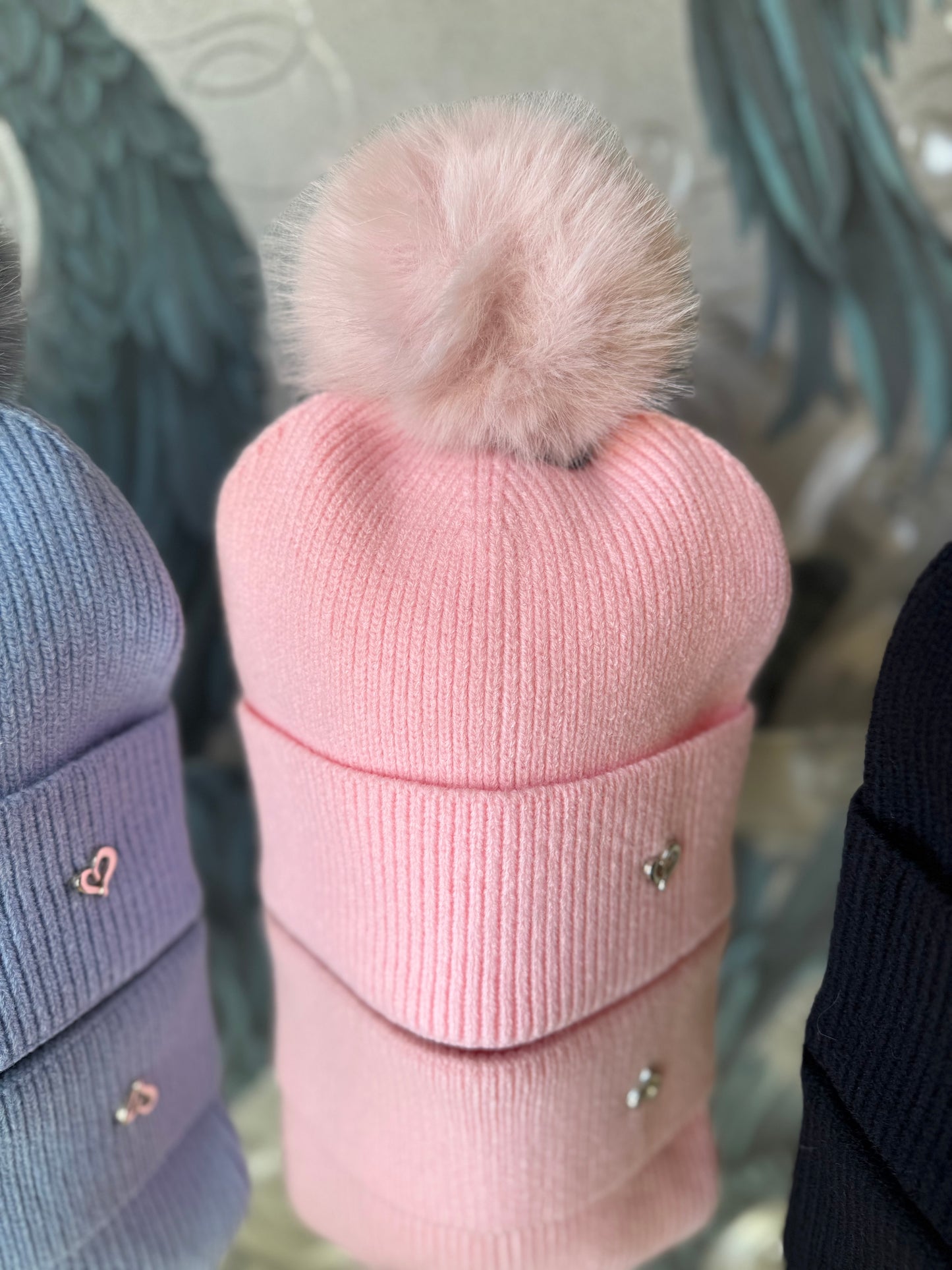 Faux Fur Pom Hat with Heart
