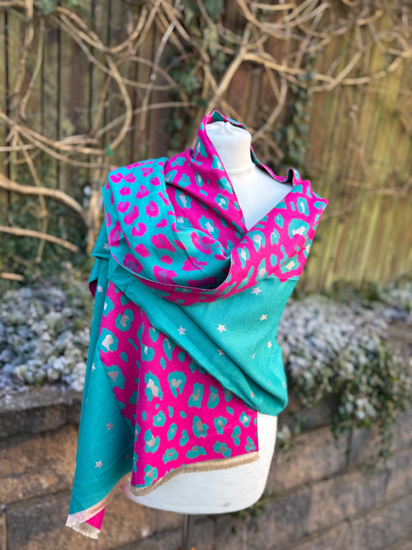 Leopard / Star Mix Scarf - Pink / Teal