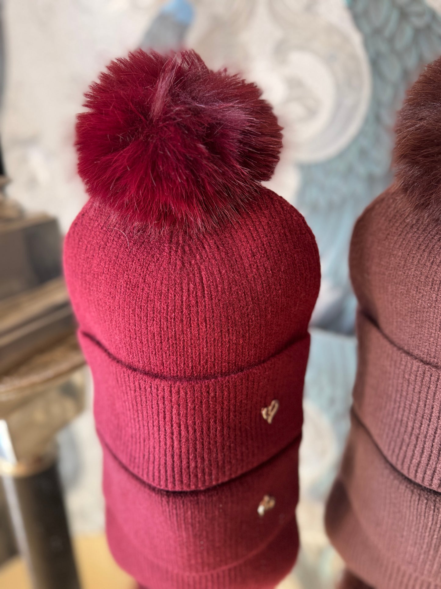 Faux Fur Pom Hat with Heart