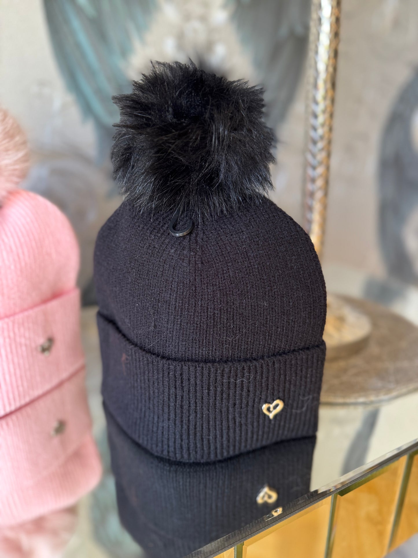 Faux Fur Pom Hat with Heart