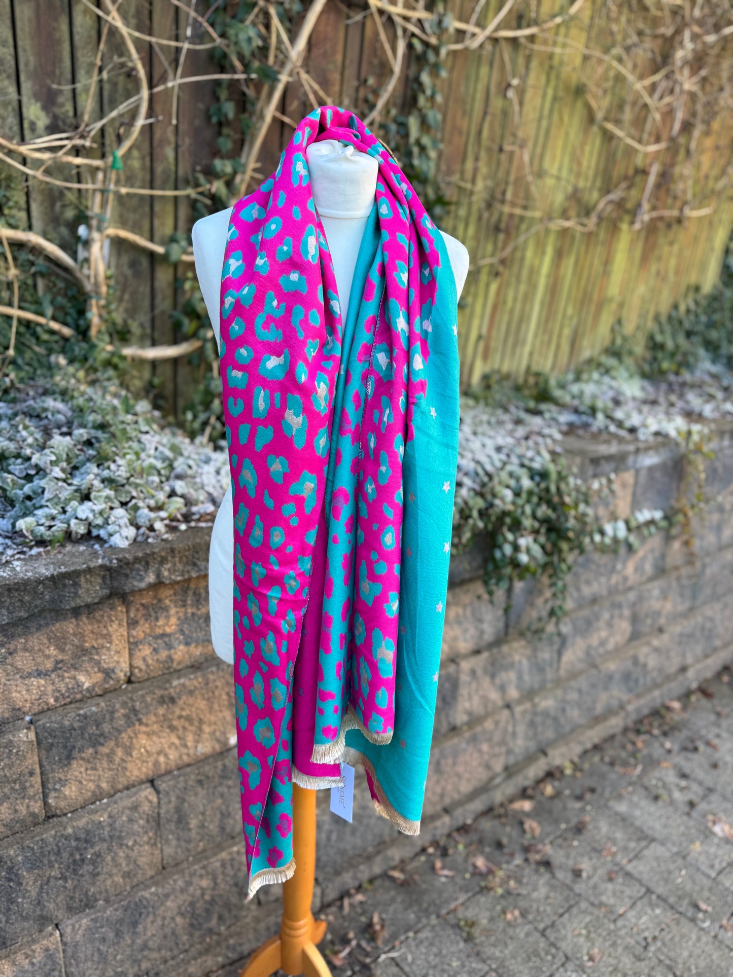 Leopard / Star Mix Scarf - Pink / Teal