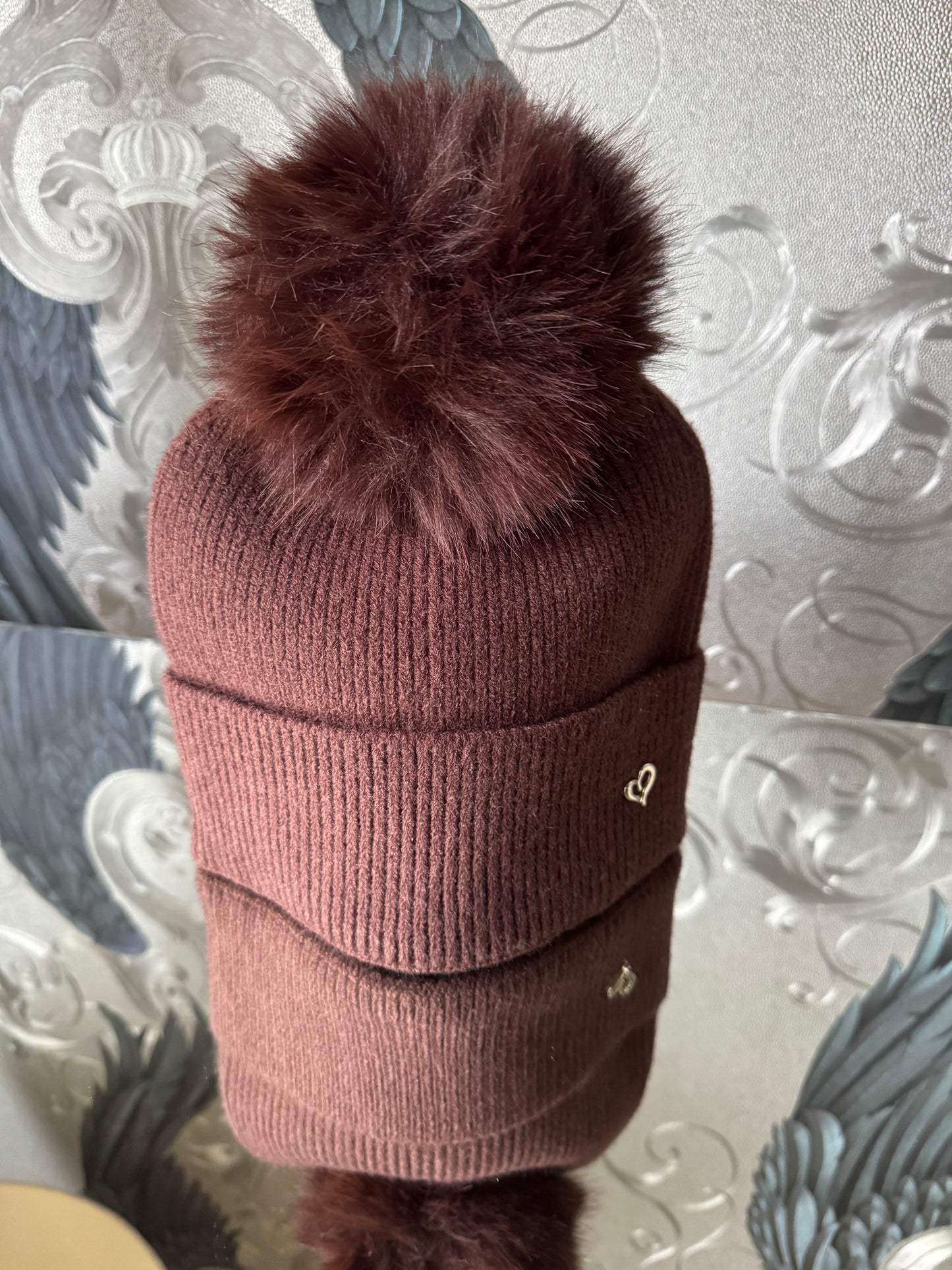 Faux Fur Pom Hat with Heart