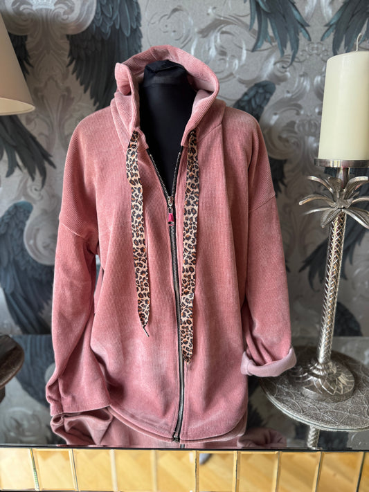 Zipped Hoodie with Leopard Ribbon
