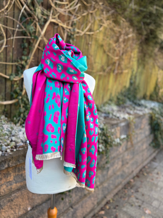 Leopard / Star Mix Scarf - Pink / Teal