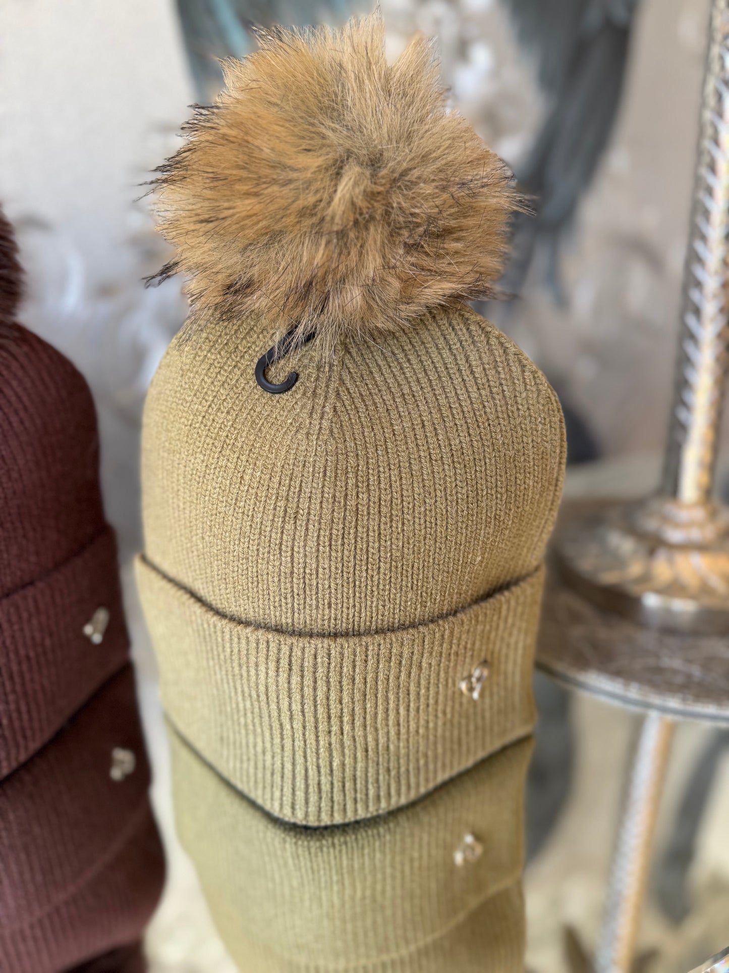 Faux Fur Pom Hat with Heart