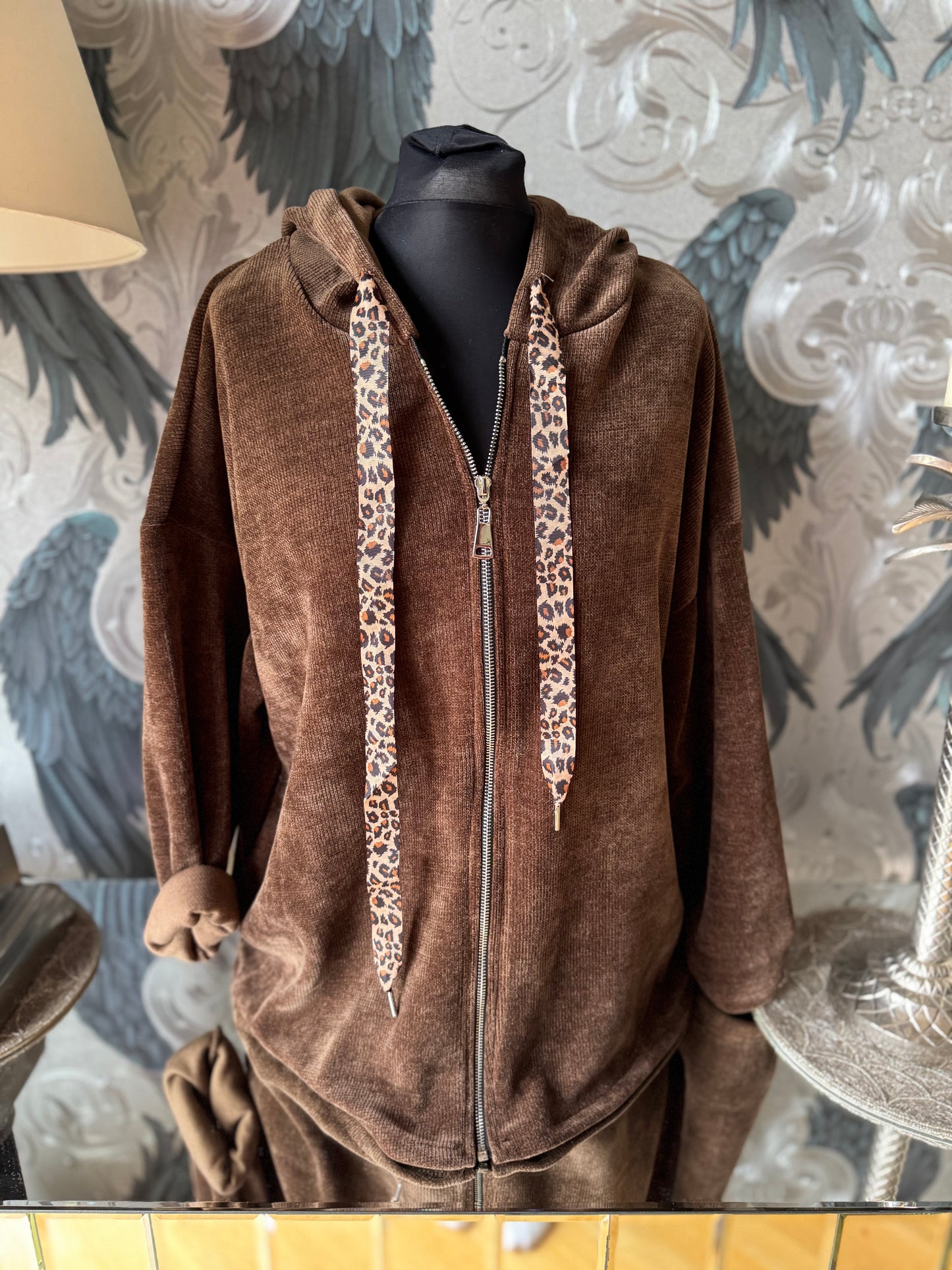 Zipped Hoodie with Leopard Ribbon