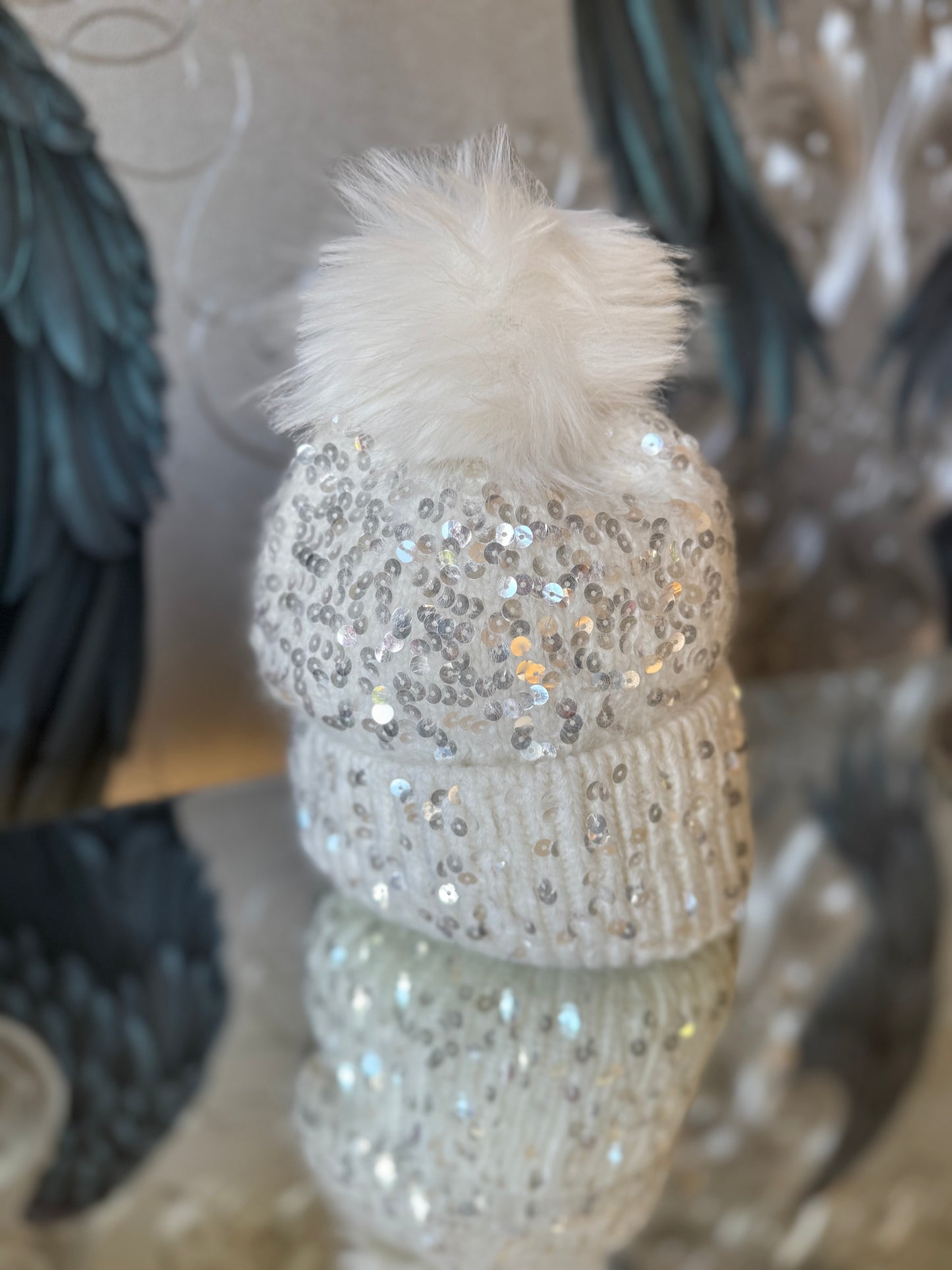 Sequin Faux Fur Pom Hat