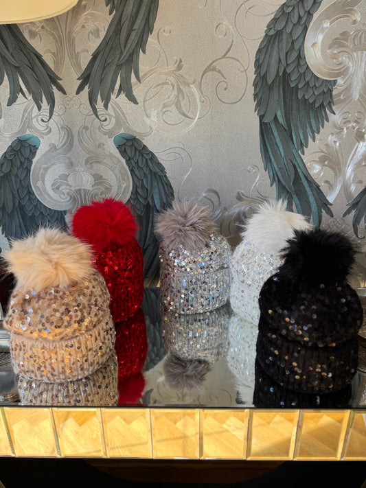 Sequin Faux Fur Pom Hat