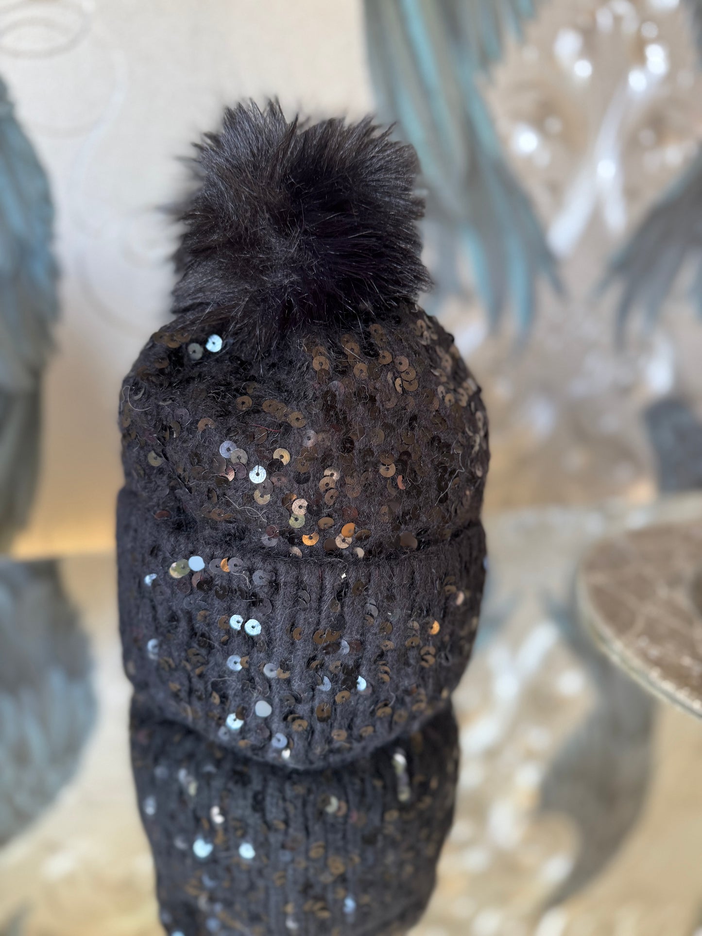 Sequin Faux Fur Pom Hat