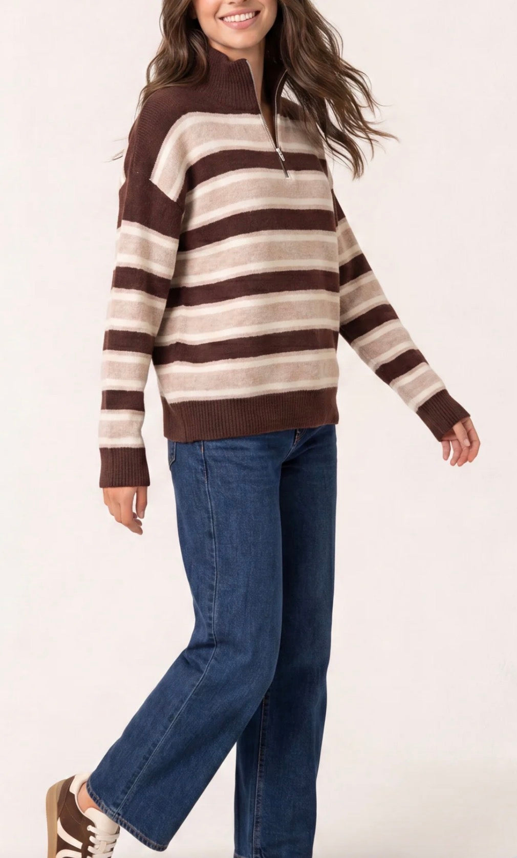 Brown and Beige Strip Zip Jumper