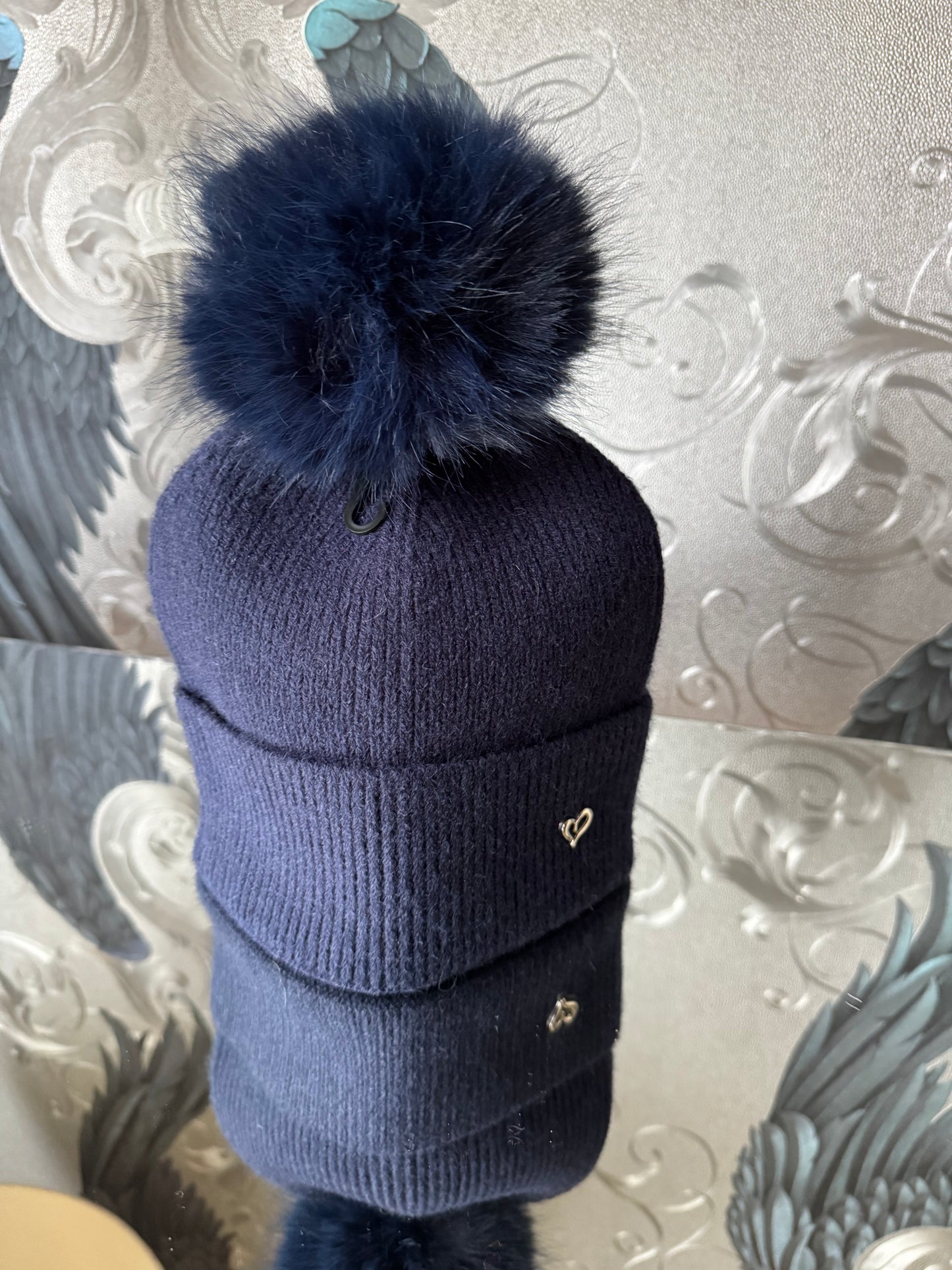 Faux Fur Pom Hat with Heart