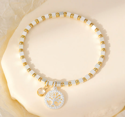 Tree of Life Charm Square Beaded Bracelet
