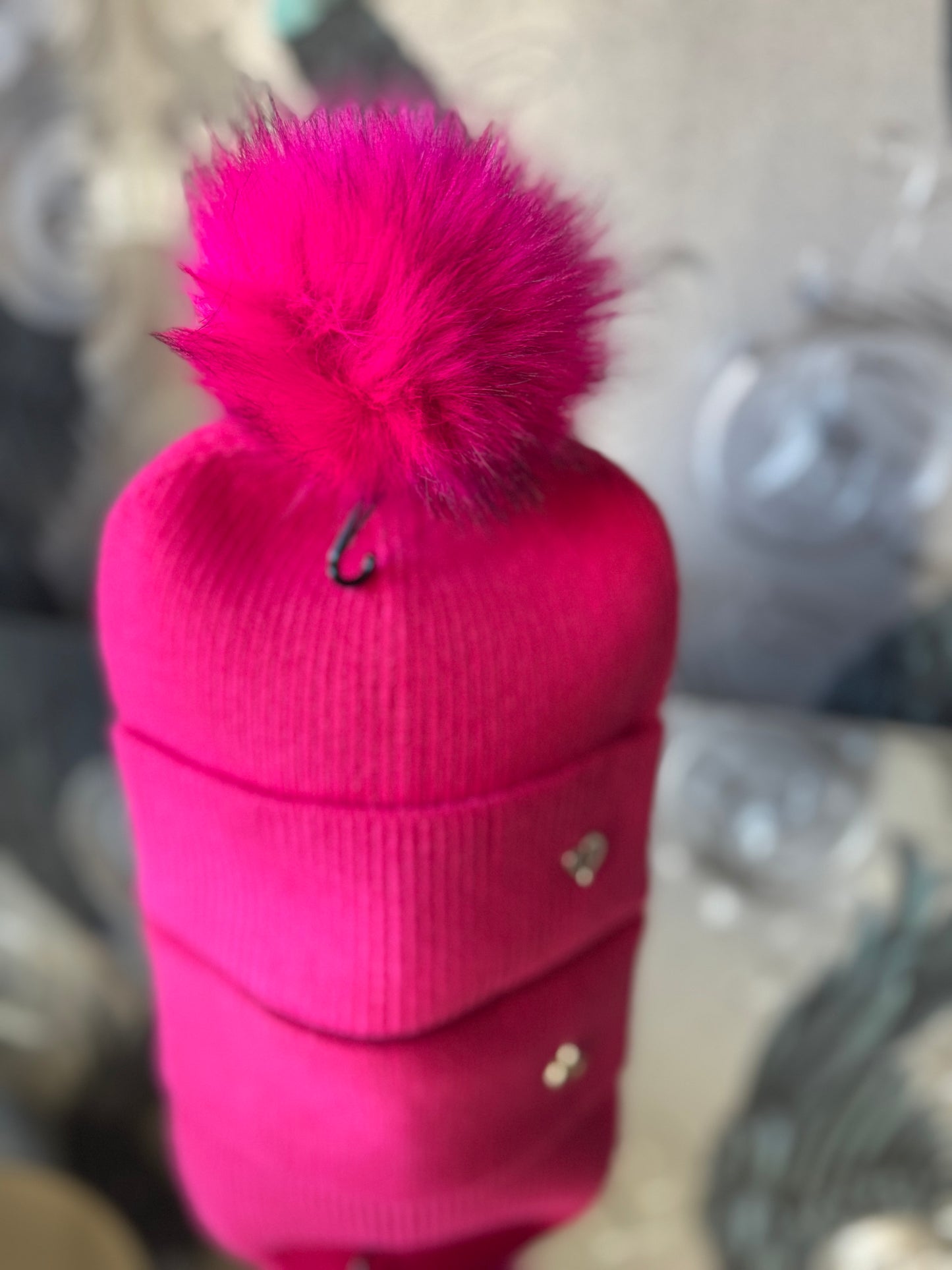 Faux Fur Pom Hat with Heart
