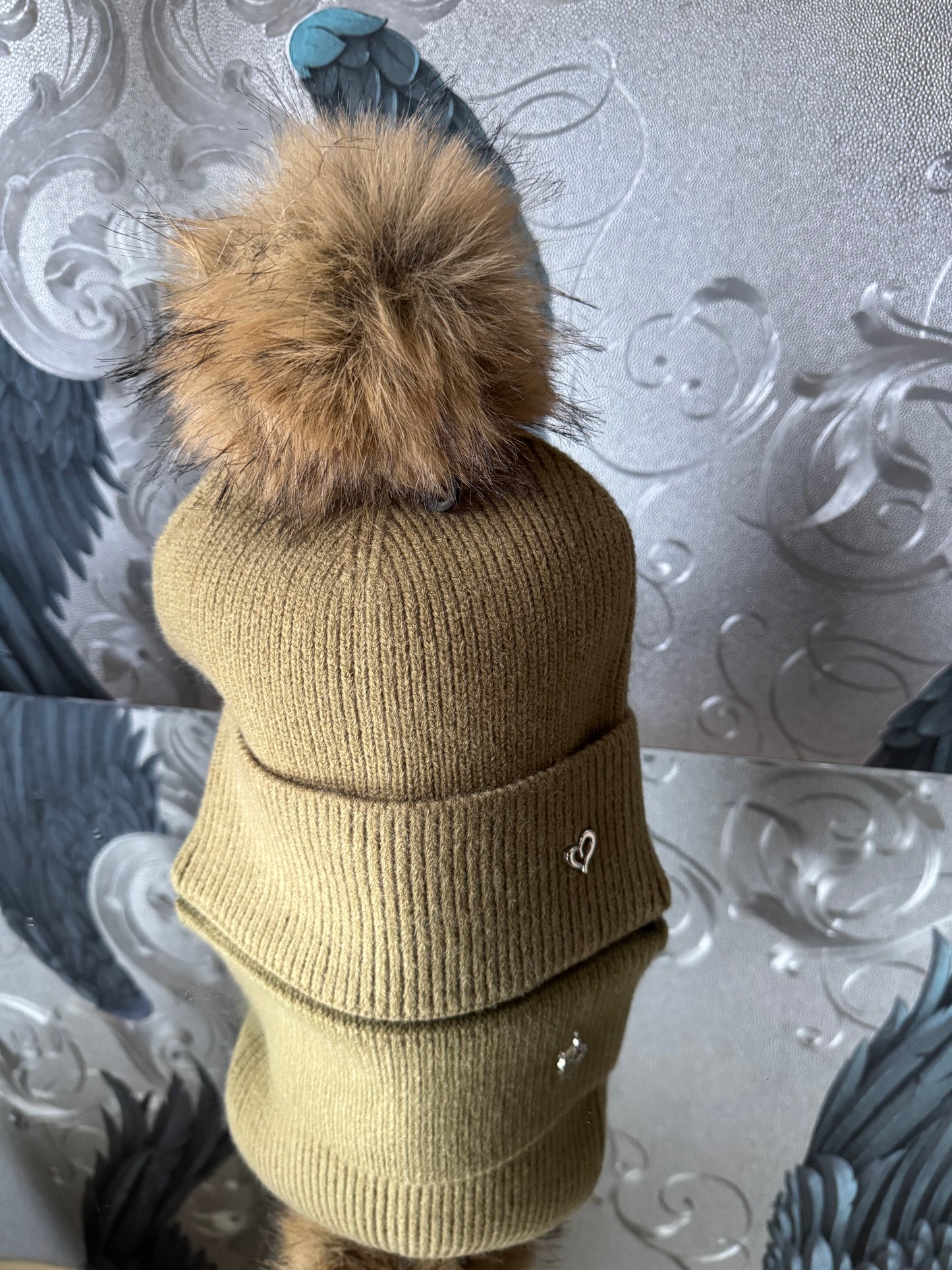 Faux Fur Pom Hat with Heart