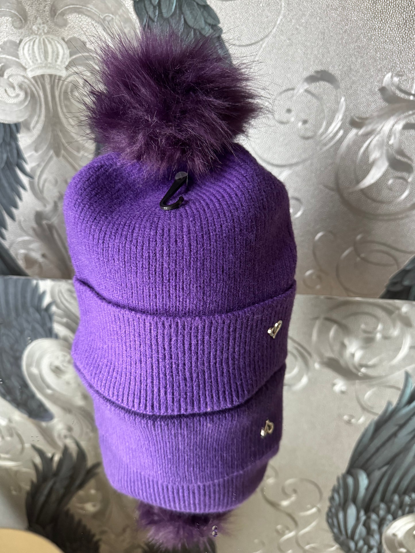 Faux Fur Pom Hat with Heart