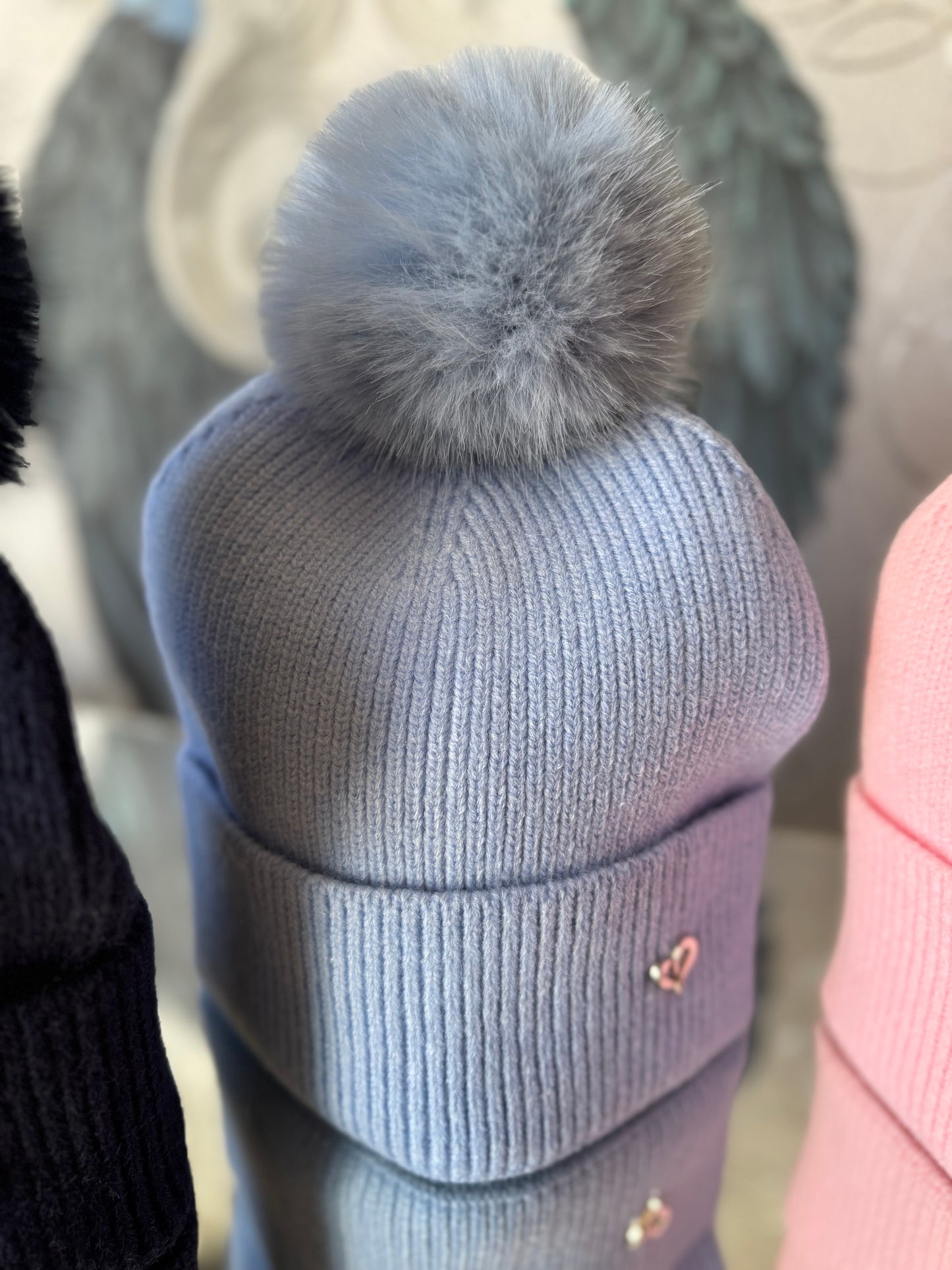 Faux Fur Pom Hat with Heart