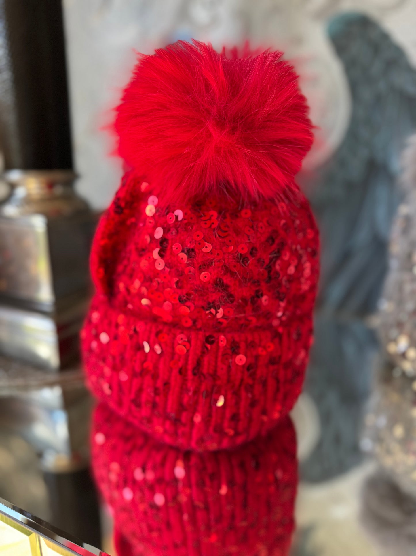 Sequin Faux Fur Pom Hat