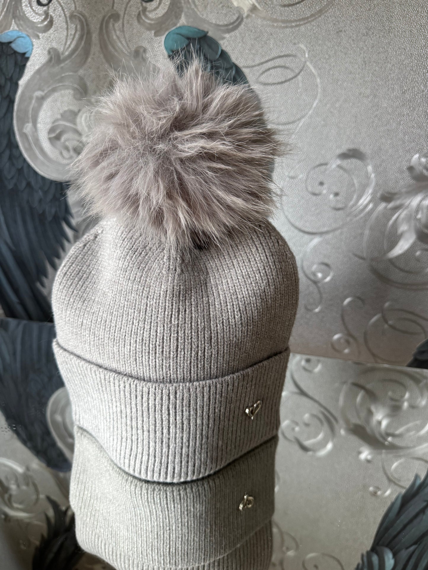 Faux Fur Pom Hat with Heart
