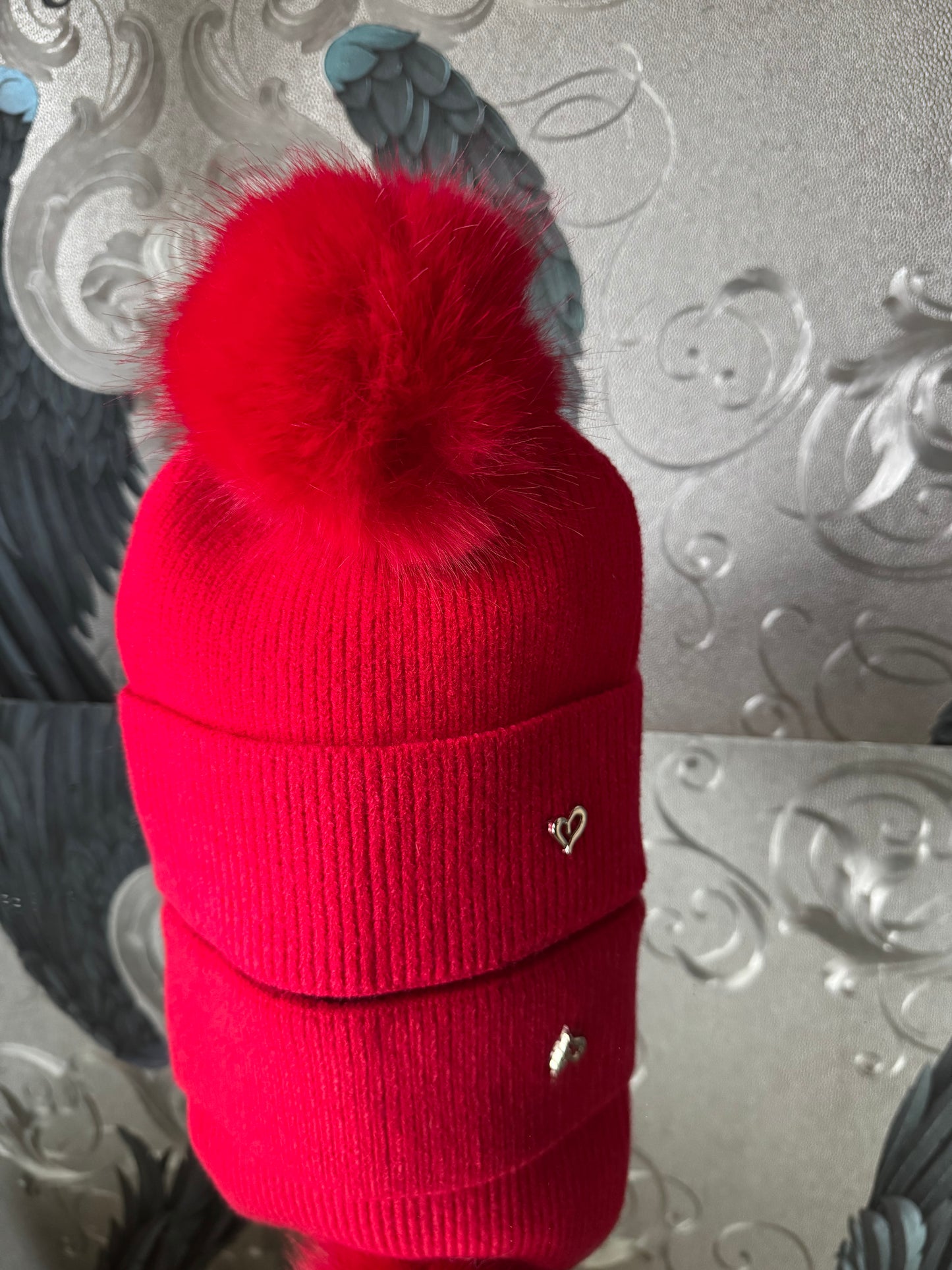 Faux Fur Pom Hat with Heart