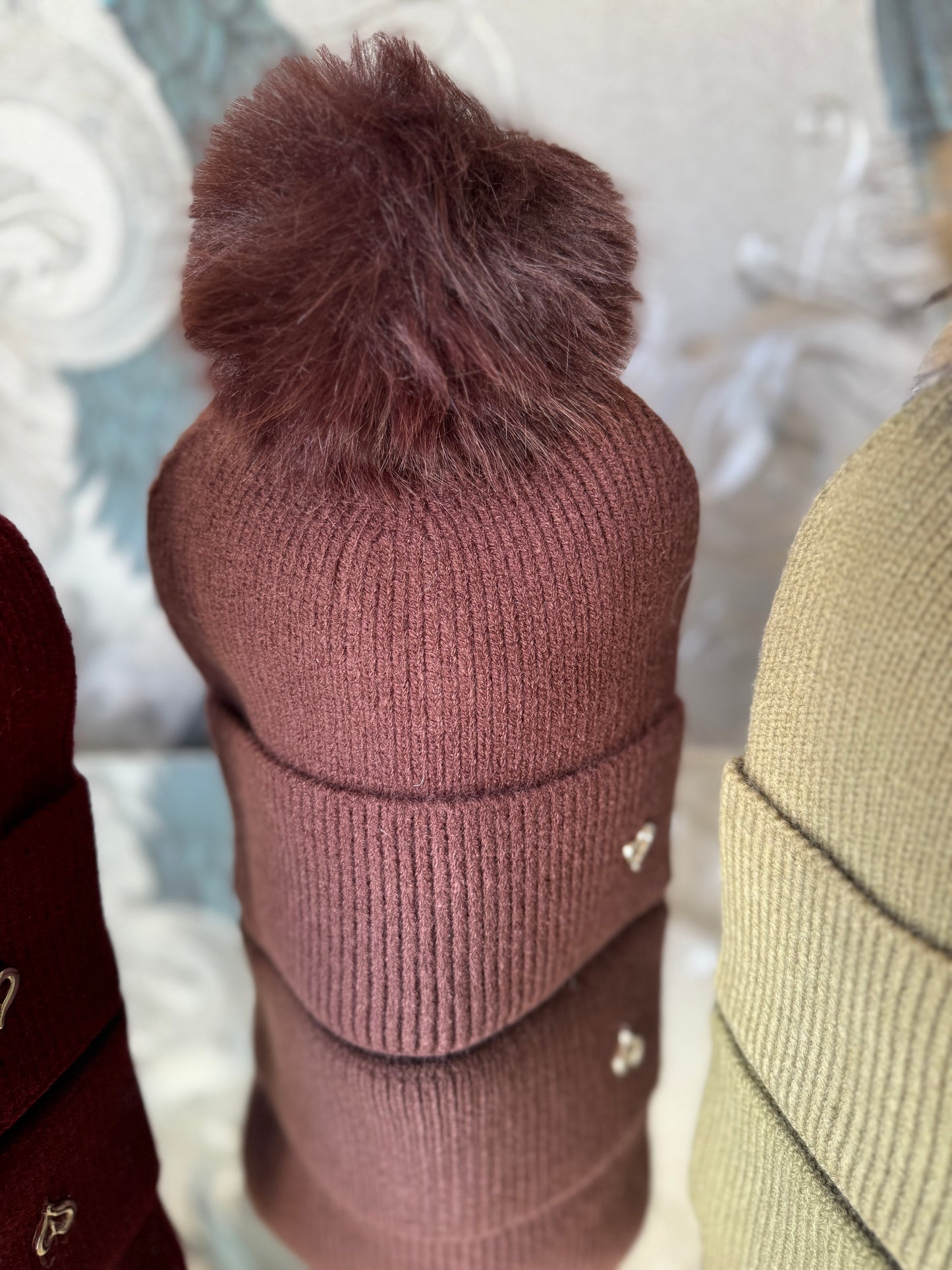 Faux Fur Pom Hat with Heart