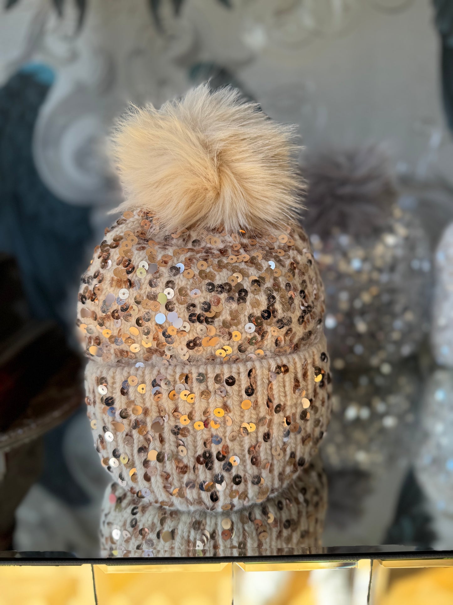 Sequin Faux Fur Pom Hat