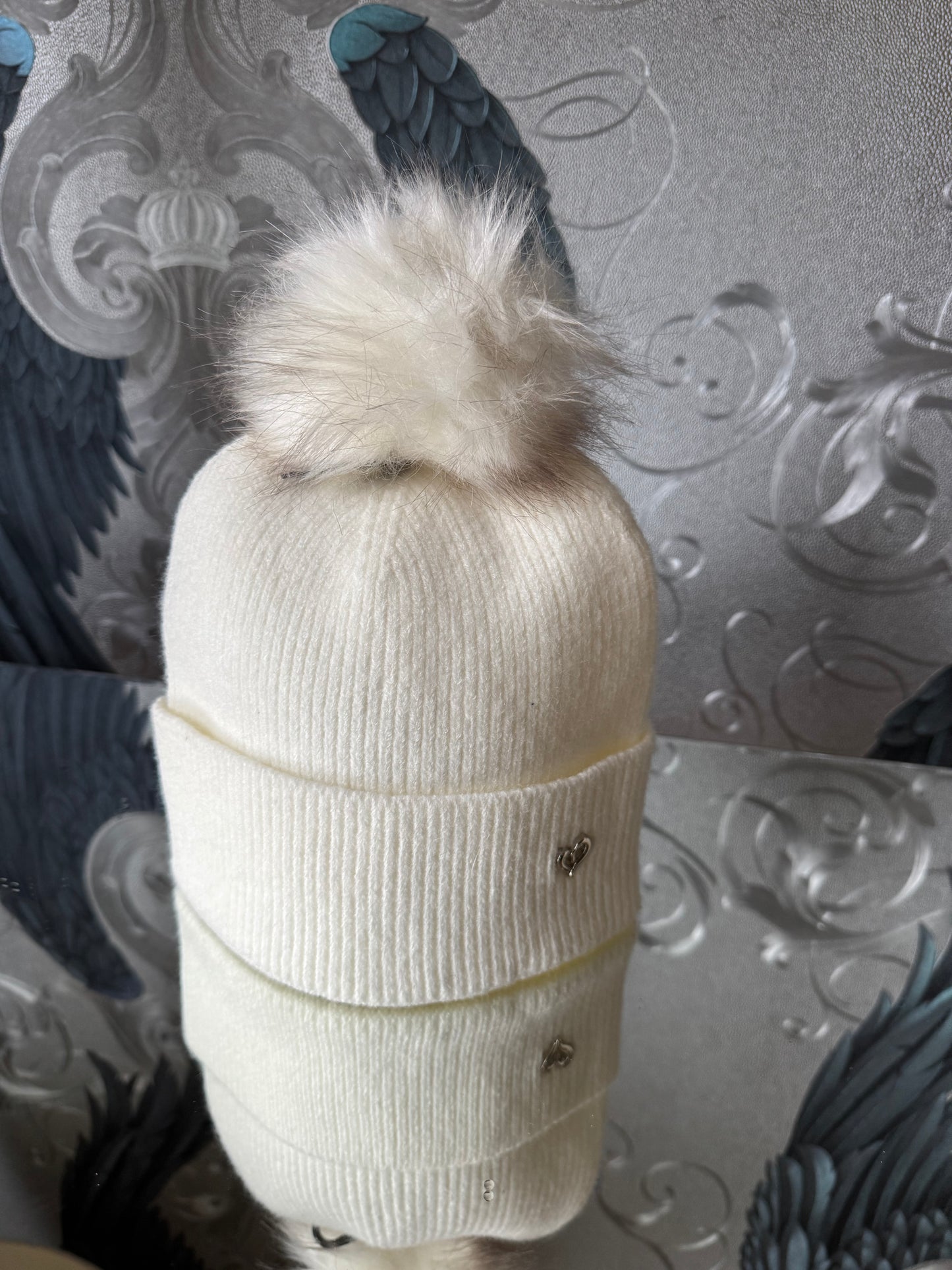 Faux Fur Pom Hat with Heart