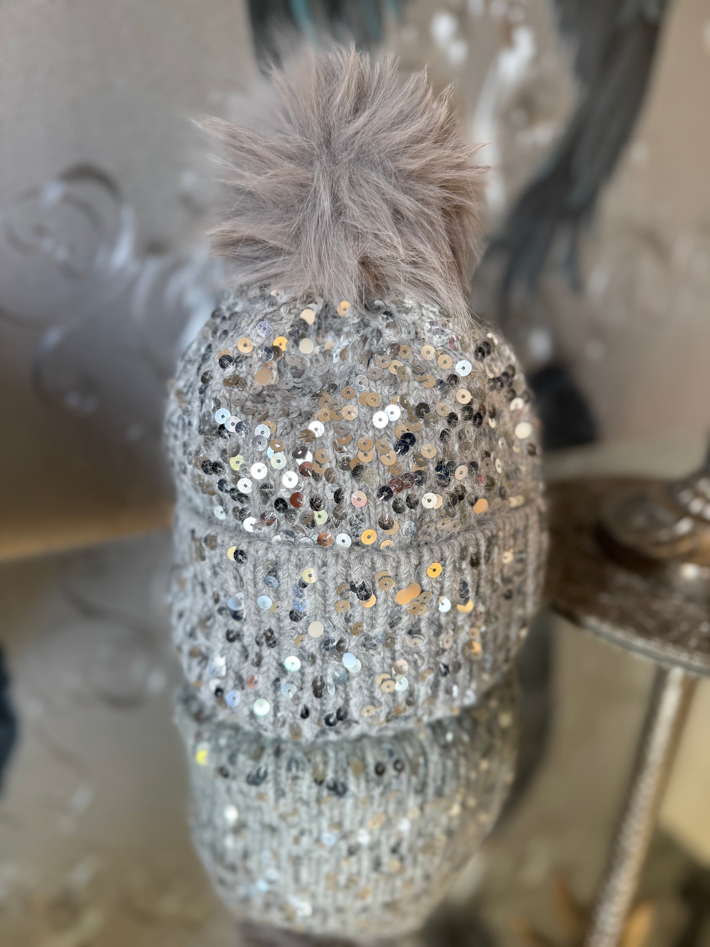 Sequin Faux Fur Pom Hat