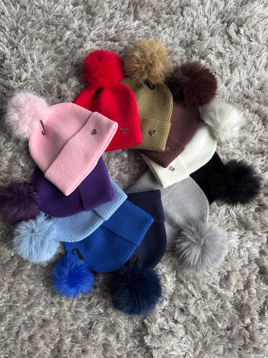 Faux Fur Pom Hat with Heart